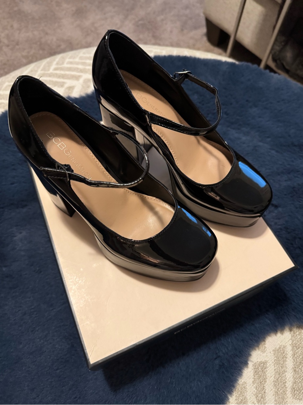 BCBG Glossy Black Patent Mary Jane Block Heels
